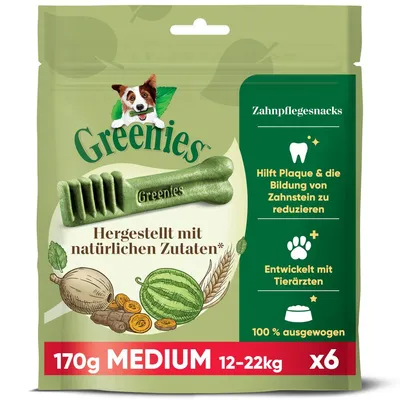 Greenies, 170g, Medium 12–22kg, x6. Texte visibles en allemand : Hergestellt mit natürlichen Zutaten, Hilft Plaque & die Bildung von Zahnstein zu reduzieren, Entwickelt mit Tierärzten, 100% ausgewogen.