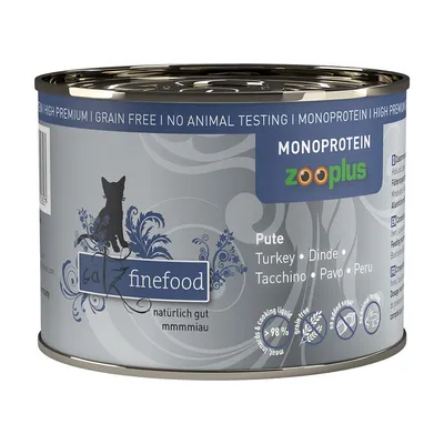 Catz finefood konzerva s puranom, monoproteinska, brez žit, brez testiranja na živalih, naravno dobra. Vidno Zooplus-Logotip. Sestavine: 98 % mesa in kuhalne tekočine.