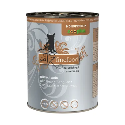 Catz Finefood κονσέρβα με αγριόχοιρο, μονοπρωτεϊνικό, χωρίς δημητριακά, χωρίς προσθήκη ζάχαρης, χωρίς δοκιμές σε ζώα. Zooplus αποκλειστικό.