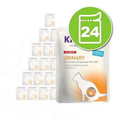 Kattovit Urinary mit Kalb, lot de 24 sachets. Texte visible : Struvitstein-Prophylaxe (FLUTD), modérerter Magnesiumgehalt, harnsäuernd, verbesserte Rezeptur.