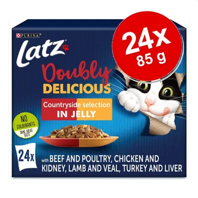 Latz Doubly Delicious Countryside selection in jelly, 24 x 85 g. Ei väriaineita. Sisältää naudanlihaa, siipikarjaa, kanaa, munuaista, lammasta, vasikkaa, kalkkunaa ja maksaa.