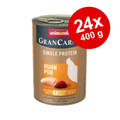animonda GranCarno Single Protein Huhn Pur dåse, 24x400 g. Tekst: 1 Protein Quelle, ohne Getreide, ohne Gluten, 100 % frische Zutaten.