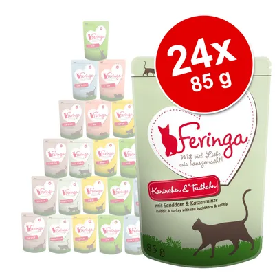 Feringa Kaninchen & Truthahn kissan märkäruoka, 24 x 85 g pakkauksessa. Pakkauksessa näkyy teksti: mit Sanddorn & Katzenminze, Rabbit & turkey with sea buckthorn & catnip.