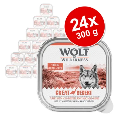 Wolf of Wilderness Great Desert 24 x 300 g, 100% grain-free. Turkey with wild berries, roots and wild herbs. Pakkauskuva useista annosrasioista.