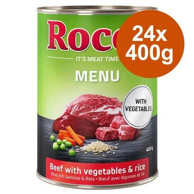 Rocco Menu, Rind mit Gemüse & Reis, 24x400g Dosen. Mit Gemüse. It's Meat Time.