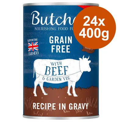 Butcher's Grain Free mokra karma dla psów, przepis z wołowiną i warzywami w sosie, 24 puszki po 400g. Wspiera brytyjskich rolników.