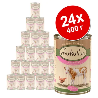 24 консервных банок Lukullus для собак, Huhn & Kalb, 400 г. На упаковке изображены телёнок и курица. Красный круг с надписью: 24x 400 г.