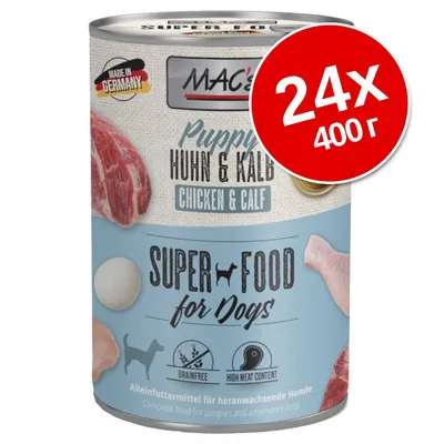 Консерва MAC's Puppy Huhn & Kalb Chicken & Calf, Super Food for Dogs, 24×400 г. Без зърно, високо съдържание на месо. Made in Germany.