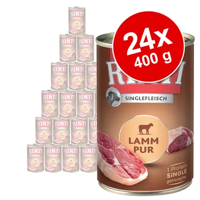 Set 24 conserve Rinti Singlefleisch Lamm Pur, 400 g fiecare. Etichetă vizibilă: 1 Protein Single, getreidefrei.