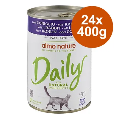 Boîte de pâtée almo nature Daily with natural ingredients, au lapin, pour chat adulte, sans céréales. Lot 24 x 400 g indiqué sur un cercle orange.