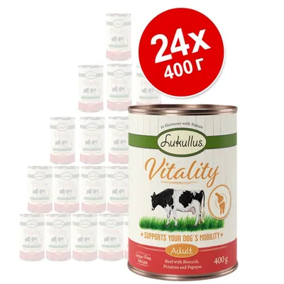 Комплект 24 консерви по 400 г Lukullus Vitality Adult. Видими надписи: Supports your dog's mobility, Beef with Broccoli, Potatoes and Papayas, Grain-Free Recipe.