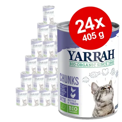 Yarrah Chunks with Nettle & Tomato -kissanruoka, 24 x 405 g säilykepakkaus. Etiketissä teksti: BIO ORGANIC SINCE 1992, kuva kissasta ja luomumerkki.