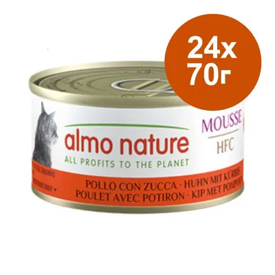 Консерва almo nature HFC MOUSSE, 24×70 г. Видим текст: ALL PROFITS TO THE PLANET, POLLO CON ZUCCA, POULET AVEC POTIRON, HUHN MIT KÜRBIS, KIP MET POMPOEN.
