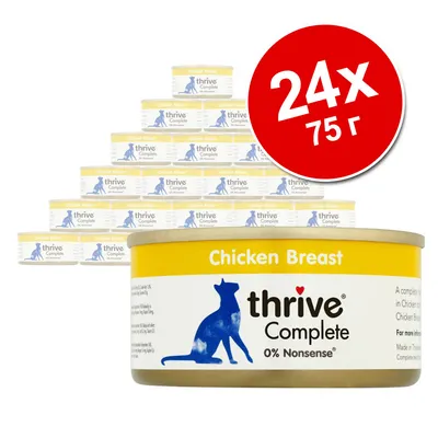 Набор консервов thrive Complete Chicken Breast для кошек, 24 банки по 75 г. На упаковке изображён силуэт кошки и надпись '0% Nonsense'.