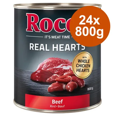 Rocco Real Hearts, Rind mit ganzen Hühnerherzen, 24x800g. Dose zeigt Fleischstücke und Produktdetails.