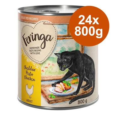 Feringa mokra karma dla kotów, smak Cheddar Pesto Chicken, 24x800g puszek. Dla dorosłych kotów. Ilustracja czarnego kota z karmą na talerzu.