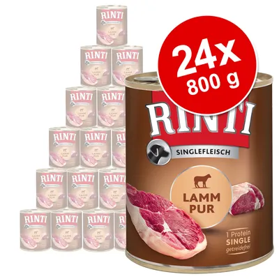 RINTI Singlefleisch Lamm Pur koiran märkäruoka, 24 x 800 g säilykepakkaus. Etiketissä tekstit: 1 Protein Single, viljaton, Lamm Pur.