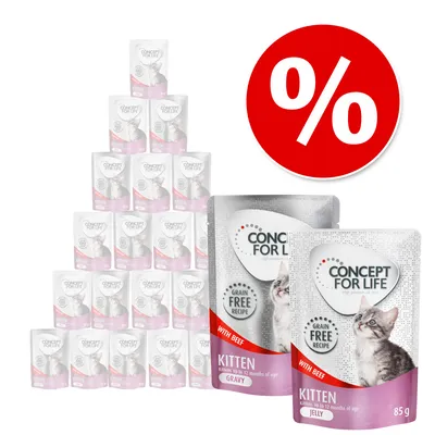 Multipack Concept for Life Kitten med nötkött, gravy och jelly, 85 g portionspåsar. Stor röd procent-symbol för rabatt synlig.