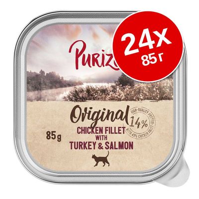 Purizon Original Chicken Fillet with Turkey & Salmon, 24x85 г. 14% протеин, с 45% пилешко филе. Опаковка за котки.