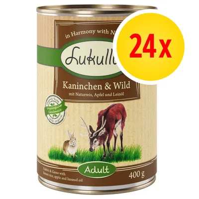Lukullus Kaninchen & Wild, mit Naturreis, Apfel und Leinöl, Adult, 400 g. Balení 24x. Text v němčině a angličtině na etiketě. Lukullus Kaninchen & Wild, mit Naturreis, Apfel und Leinöl, Adult, 400 g. Balení 24x. Text v němčině a angličtině na etiketě.