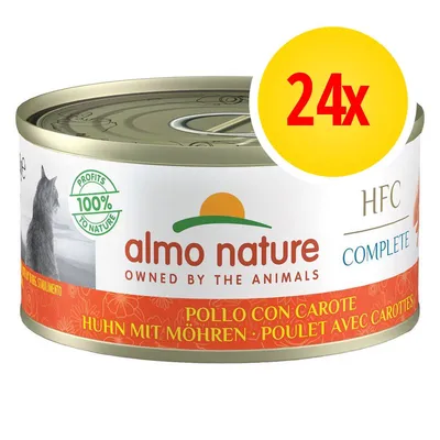 Confezione da 24x Almo Nature HFC Complete, pollo con carote. Testo visibile: 'PROFITS 100% TO NATURE', 'OWNED BY THE ANIMALS'. Confezione da 24x Almo Nature HFC Complete, pollo con carote. Testo visibile: 'PROFITS 100% TO NATURE', 'OWNED BY THE ANIMALS'.