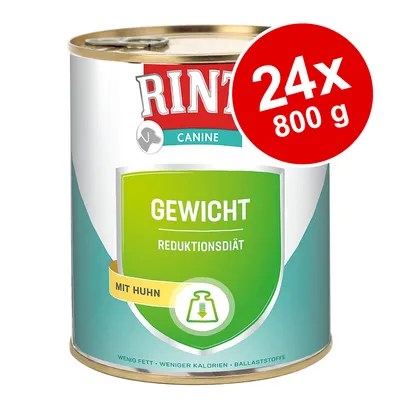 RINTI Canine GEWICHT REDUKTIONSDIÄT MIT HUHN, 24x800 g. Synlig tekst: Wenig Fett, Weniger Kalorien, Ballaststoffe.
