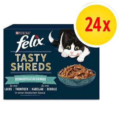 Purina Felix Tasty Shreds, lot de 24. Variétés visibles : saumon, thon, cabillaud, plie. Texte en allemand sur l’emballage.