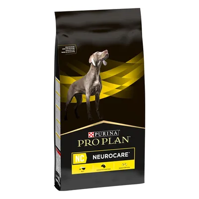 Bag labelled Pro Plan NC Neurocare, with icons for MCT, cognitive function and brain function. Image shows a dog and yellow design elements.