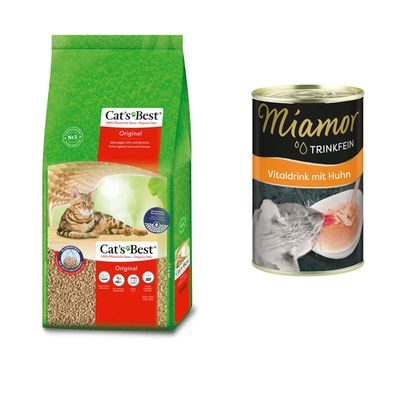 Opakowanie żwirku Cat's Best Original 21,1 kg, widoczny kot, tekst: 100% Pflanzliche Streu – Organic litter, Original, Klumpstreu, Premium Quality Made in Germany, symbole cech produktu.