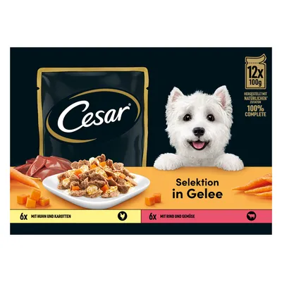 Cesar Selektion u želeu, 12x100g. 6x s piletinom i mrkvom, 6x s govedinom i povrćem. Proizvedeno od prirodnih sastojaka, 100% potpuno.
