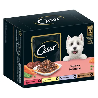 Cesar Selezione in salsa, 12x100g. Con ingredienti naturali, 100% completo. Varianti: manzo con carote, pollo con verdure, agnello con piselli, tacchino con patate.