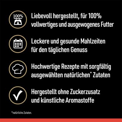 Текст на немецком: Liebevoll hergestellt, für 100% vollwertiges und ausgewogenes Futter. Leckere und gesunde Mahlzeiten für den täglichen Genuss. Hochwertige Rezepte mit sorgfältig ausgewählten natürlichen Zutaten. Hergestellt ohne Zuckerzusatz und künstliche Aromastoffe.