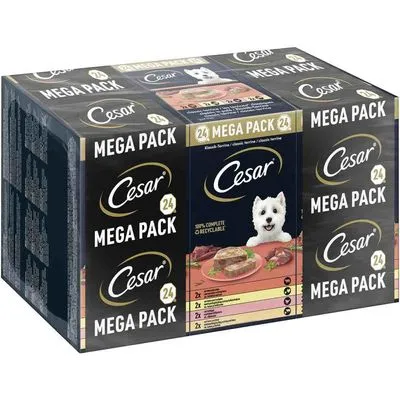 Cesar Mega Pack 24, verpakking met afbeelding van natvoer voor honden, zichtbaar: 100% compleet & recyclebaar, overzicht smaken en aantallen per soort op de voorkant.