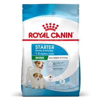 Sachet Royal Canin Starter Mother & Babydog Mini 1–2 mois, poids adulte jusqu’à 10 kg. Texte visible en anglais et français, photo de deux chiens sur l’emballage.