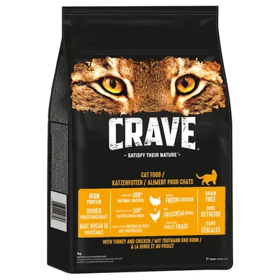 Crave krmivo pro kočky s krůtou a kuřetem, vysoký obsah bílkovin, vyrobeno ze 100% přírodního kuřete, bez obilovin. Pro kočky od 1 roku.