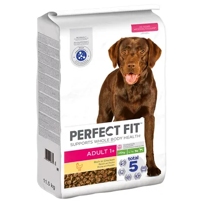Perfect Fit Adult 1+ koiranruoka, runsaasti kanaa, tukee koko kehon terveyttä. Sisältää prebiootteja, ei keinotekoisia väriaineita. Pakkauskoko: 11,5 kg.