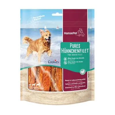 HansePet Pures Hühnerfilet, zichtbare stukjes kipfilet in hersluitbare verpakking. Tekst: zonder granen, zonder toegevoegde suiker, Cookies, vlees in levensmiddelenkwaliteit.