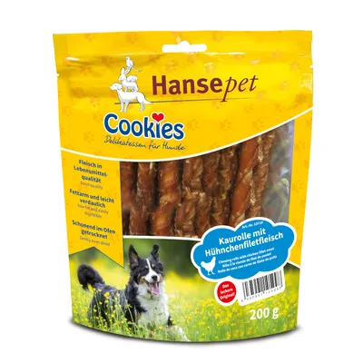 Hansepet Cookies tuggrulle med kycklingfilé, fettsnål och lättsmält, varsamt ugnstorkad. Förpackningsstorlek: 200g.
