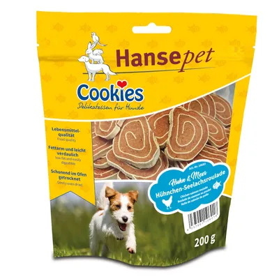 Hansepet Cookies Delikatessen dla psów, kurczak i morska rolada z mintaja, jakość spożywcza, niskotłuszczowe i lekkostrawne, delikatnie suszone w piecu, 200g.