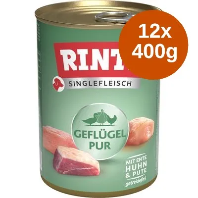 Rinti Singlefleisch Geflügel Pur, mit Ente Huhn & Pute, 12x400g. Text på tyska. Bild på köttbitar och burk med grön etikett.