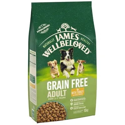 James Wellbeloved Grain Free Adult Dog 1–7 Years met kalkoen, hypoallergeen, verpakking van 10 kg. Tekst: 'Grain Free', 'With Turkey and Vegetables', afbeelding brokken en honden. James Wellbeloved Grain Free Adult Dog 1–7 Years met kalkoen, hypoallergeen, verpakking van 10 kg. Tekst: 'Grain Free', 'With Turkey and Vegetables', afbeelding brokken en honden.