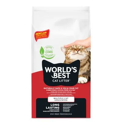 Zak World's Best Cat Litter, tekst: Naturally safe, multiple cat unscented, long lasting. Pictogram: gemaakt van maïs. Kat wordt geaaid. Geen geurvariant zichtbaar.