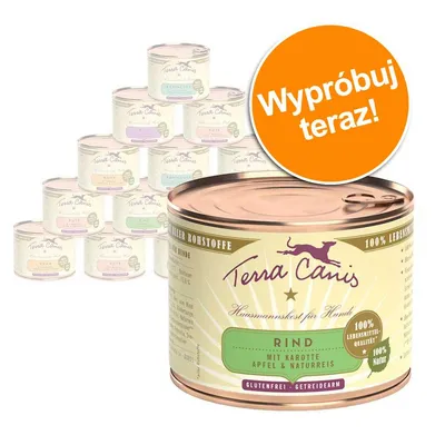 Mokra karma dla psów Terra Canis Rind mit Karotte, Apfel & Naturreis. Widoczne napisy: 100% Lebensmittelqualität, 100% Natur, glutenfrei, getreidearm. Pomarańczowe kółko: Wypróbuj teraz! Mokra karma dla psów Terra Canis Rind mit Karotte, Apfel & Naturreis. Widoczne napisy: 100% Lebensmittelqualität, 100% Natur, glutenfrei, getreidearm. Pomarańczowe kółko: Wypróbuj teraz!