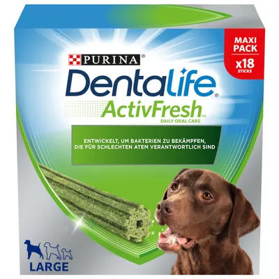 Purina Dentalife ActivFresh Maxi Pack mit 18 Sticks für grosse Hunde. Entwickelt, um Bakterien zu bekämpfen, die für schlechten Atem verantwortlich sind.