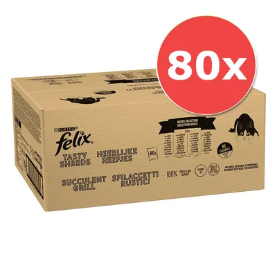 Megapack Felix "Tasty Shreds" Pouches 80 x 80 g - Fleisch- & Fisch-Mix (Rind, Hühnchen, Lachs & Thunfisch)
