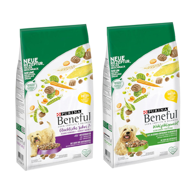 Due confezioni di Purina Beneful Glückliche Jahre 7+ con cane, ciotola viola e verdure. Testo visibile: 'NEUE REZEPTUR, TOLLER GESCHMACK'. Simbolo percentuale arancione in alto a destra.