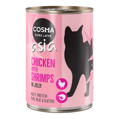 Cosma Asia Chicken with Shrimps i gelé. Multi Protein af rent kød og skaldyr. Lyserød dåse med sort kattesilhuet.