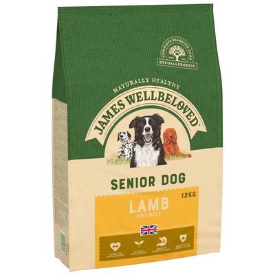 James Wellbeloved Senior Dog Lam en Rijst 12 kg, hypoallergeen, afbeelding van drie honden, Britse vlag zichtbaar op verpakking.