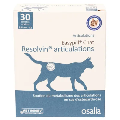 Опаковка Easypill Chat Resolvin articulations за котки, 30 броя, нето тегло 60 г. Марки: Vetinnov, osalia. Видим текст на френски относно ставния метаболизъм. Опаковка Easypill Chat Resolvin articulations за котки, 30 броя, нето тегло 60 г. Марки: Vetinnov, osalia. Видим текст на френски относно ставния метаболизъм.
