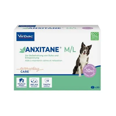Virbac Anxitane M/L, verpakking met afbeelding hond, geschikt voor honden >10 kg, 30 tabletten. Tekst: Helps to adapt, Relax, Tasty. Eco friendly packaging.